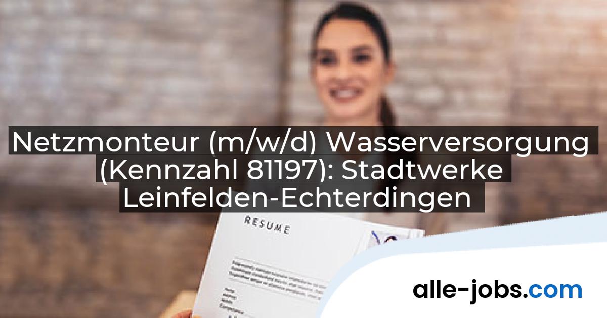 Netzmonteur (m/w/d) Wasserversorgung (Kennzahl 81197): Stadtwerke Leinfelden-Echterdingen | alle-jobs.com